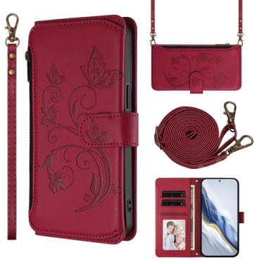 Imagem de Capa carteira para Google Pixel 10 com porta-cartão, bolso com zíper e alça longa - capa fólio de couro com fecho magnético, suporte, capa feminina anti-impressão digital (vermelha)