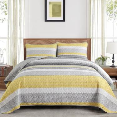 Imagem de Conjunto de colcha California King Size, 3 peças, macio, leve, conjunto de colcha de cama, listrado de patchwork, conjunto de cama acolchoado para todas as estações, conjunto de edredom amarelo cinza