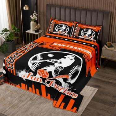 Imagem de jejeloiu Conjunto de colcha de beisebol São Francisco, tamanho Queen, para crianças, meninos, meninas, beisebol, cidade, colcha acolchoada para todas as estações, com 2 fronhas, jogos, esportes