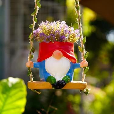 Imagem de WSHMZYHOME Vaso suspenso de gnomo de jardim com balanço, vaso decorativo para plantas, chapéu vermelho e roupa azul