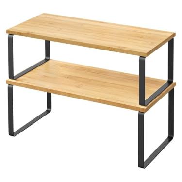 Imagem de Pacote com 2 prateleiras organizadoras de armário, prateleira empilhável e expansível para bancada de cozinha, suporte de especiarias, metal e bambu premium (preto, 39,5 cm L)
