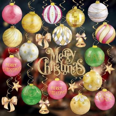 Imagem de JarThenaAMCS 48 peças de decorações de redemoinho de Natal penduradas com bolas de Natal com recortes de papelão, enfeites de teto espirais para decoração de parede de festa em casa