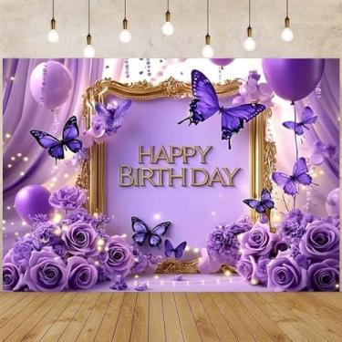 Imagem de Borboleta roxa flor rosa feliz aniversário fotografia pano de fundo festa de aniversário pano de fundo para mesa de bolo pano de fundo para feliz aniversário cenário de conto de fadas País das