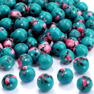 Imagem de 100 peças de contas de resina de 10 mm a granel para kit de fabricação de pulseiras, contas soltas redondas impressas em flor rosa para joias, brincos, colar, anéis, arte, artesanato, projetos DIY