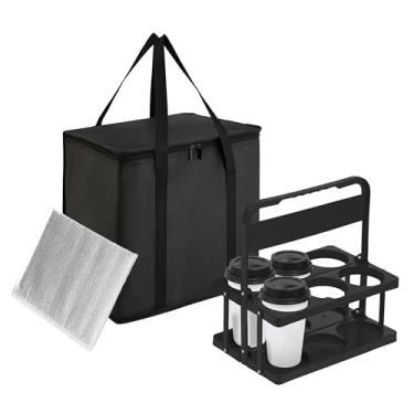 Imagem de Porta-bebidas reutilizável de 6 xícaras com alça e bolsa isolada para entrega de alimentos, suporte de copo de plástico portátil, caixa térmica de 26L para entrega de carro, viagem, piquenique (preto)