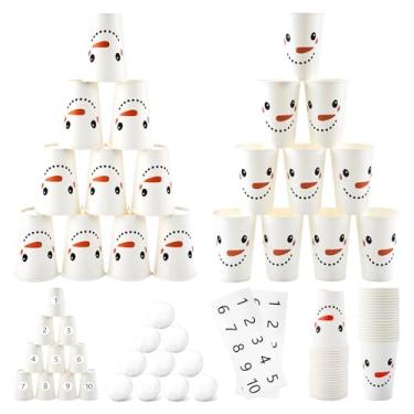 Imagem de ARQRHTLY Jogo de boliche de bola de neve de Natal para adultos, jogo de arremesso de bola de neve de Natal com 20 copos de papel de boneco de neve, 10 bolas de neve de feltro macio, Natal, feriado