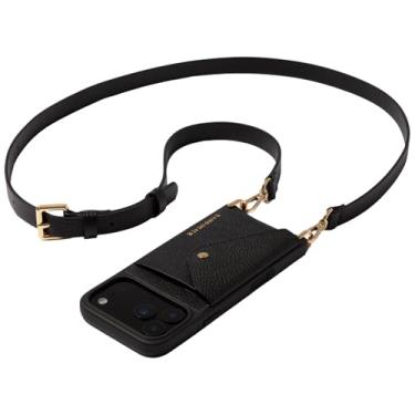 Imagem de BANDOLIER Hailey Capa de celular tipo carteira transversal para iPhone 17 Pro Max. 100% couro de seixo genuíno com ferragens douradas. Alça ajustável e removível. Suporte de cartão flip expansível