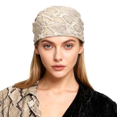 Imagem de Beisto Bandana feminina com glitter quadrado lenço de cabeça brilhante Cyberpunk Kerchief Hip Hop bandana festa clube baile fantasia, Pele de cobra bege, tamanho �nico