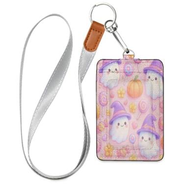 Imagem de Wassud Kawaii Boo-boos Porta-crachá de couro PU com cordão, porta-cartão de identificação para trabalho, cordão de pescoço com compartimentos para cartões de crédito, funcionários, estudantes, 39,9 cm