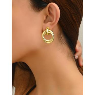 Imagem de 1 par de brincos de argola de ouro para mulheres, modernos banhados a ouro 18 K, leves, grossos, brincos hipoalergênicos, Average Size, Latão, Sem pedra preciosa