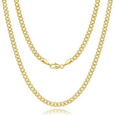Imagem de WONRUN Colar de ouro 14K para mulheres, corrente de elos cubanos dourados para homens, colares grossos para mulheres, gravação especial em ouro e pingentes dourados de 3,7 mm de largura para homens 40
