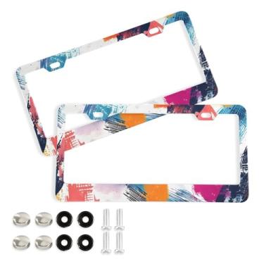 Imagem de CEBUGI Pacote com 2 molduras de placa de carro de alumínio capas de moldura de placa de carro com 2 furos coloridos tie-dye acessórios automotivos para placas dianteiras e traseiras orifício elíptico