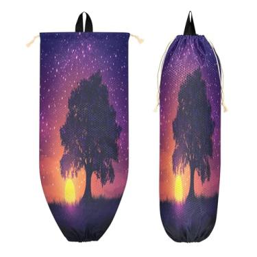 Imagem de xigua Suporte de parede para saco plástico de árvore de carvalho ao pôr do sol com cordão 1 pacote, organizador de sacolas de supermercado reutilizável para bolsas, meias, roupas íntimas e gravatas