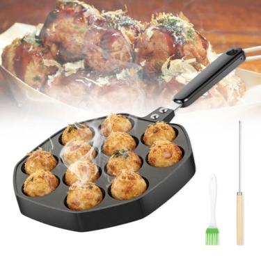 Imagem de Forma Takoyaki de 12 furos com alças resistentes ao calor, churrasqueira Takoyaki de liga de alumínio antiaderente, máquina de bola de polvo com 1 escova de silicone para espeto de aço para assar