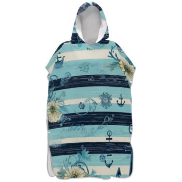Imagem de Joisal Poncho de surf azul listrado floral para adultos roupão de banho com capuz toalha de banho absorvente ponchos adultos para mulheres