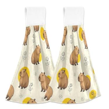 Imagem de Toalhas de mão para pendurar no outono lindas capivaras poses bege conjunto de 2 toalhas de gravata de banheiro, toalhas macias absorventes para cozinha, banheiro, 46 x 35 cm