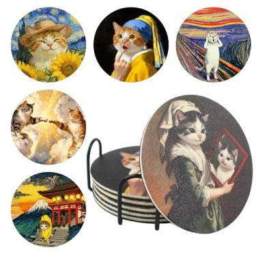 Imagem de TBWHL Conjunto de 6 porta-copos engraçados, porta-copos absorventes com design de meme de gato, porta-copos antiderrapantes para mesa de centro, presentes de inauguração de casa, decoração de sala de