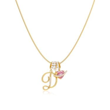 Imagem de Robaice Colar feminino banhado a ouro 14 K, pingente de letra de coração planeta rosa com corrente redonda de espinha de peixe, joia que não mancha. Presente para ela, 16'' + 2'' extender, Metal, Sem