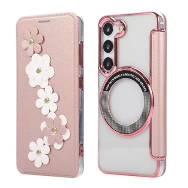 Imagem de Capa carteira para Samsung Galaxy S23, 3 compartimentos para cartão e anel magnético, bloqueio RFID, compatível com carregamento sem fio, traseira transparente, design floral de couro, proteção contra