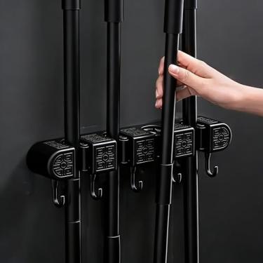 Imagem de Suporte de parede para vassoura e esfregão – Organizador de armazenamento resistente com 4 prateleiras e 5 ganchos para garagem, lavanderia e armário utilitário, gancho de ferramentas que economiza