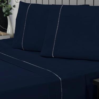 Imagem de Jogo de Lençol Casal Percal 400 Fios 4 Peças – Lençol com Elástico, Antiácaro, Anti-Pilling, Ponto Palito(Azul Marinho)