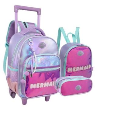 Imagem de Kit Mochila Rodinha Sereia Holografica Completo Escolar Moda - D Prese
