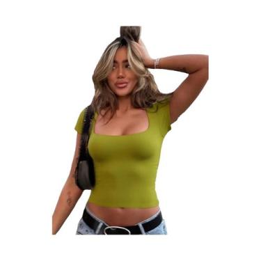 Imagem de Camiseta Feminina Slim Fit Com Decote U E Manga Curta, Top Casual Sexy