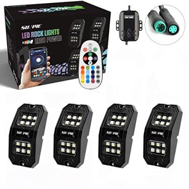 Imagem de Sunpie Atualizado 210 graus de grande angular RGBW LED Rock Lights 4 cápsulas de luzes com aplicativo de telefone/controle remoto e modo de temporização e música e luzes de neon piscante e com controle automático sob caminhão, SUV, ATV