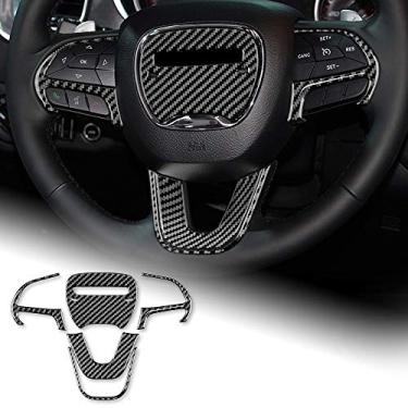 Imagem de AIRSPEED Adesivo de botão de volante de carro de fibra de carbono acabamento interior decalque para Dodge Charger 2015-2020 acessórios (preto)