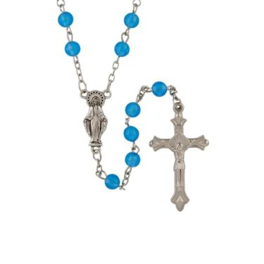 Imagem de Terço de contas de mãe abençoada com centro de mesa e crucifixo em tom prateado, colar de contas de oração azul escuro para mulheres, presente de lembrança católica para o dia das mães