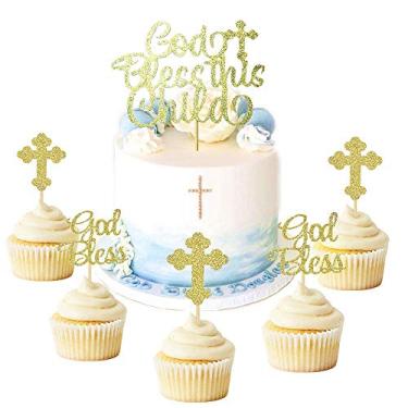 Imagem de JeVenis 25 PCS Glittery Gold Bless this Child Cross & Cake Toppers - Baptism Cupcake Decorations