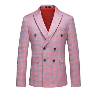 Imagem de MOGU Blazer masculino casual, casaco esportivo xadrez slim fit, Rosa trespassado, 30