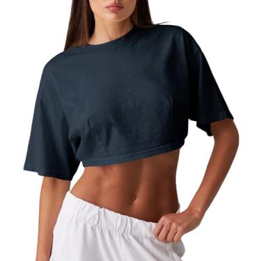 Imagem de Fisoew Camisetas femininas de algodão manga curta atléticas verão solo básico para treino, Azul marino, M