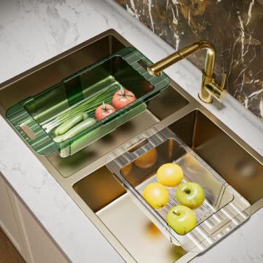 Imagem de Cesto de coador sobre a pia, coadores dobráveis e escorredores para cesta de lavagem de vegetais, escorredor de macarrão dobrável para pia de cozinha (verde claro)