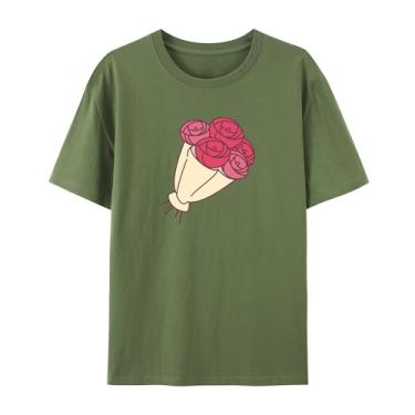Imagem de Camiseta com estampa floral masculina e feminina rosa divertida para amigos amor, Verde militar, 3G