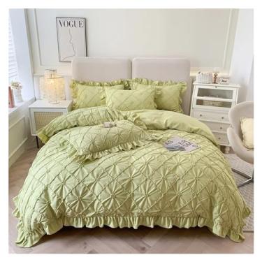 Imagem de Jogo de cama de algodão com quatro peças, cor lisa, estilo princesa, coração, para meninas e quatro estações, jogo de cama (cama verde de 1,5 m)