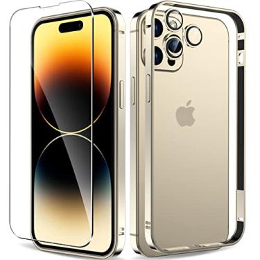 Imagem de sorlnern Capa para iPhone 14 Pro com moldura de metal de alumínio, capa rígida fina e amortecedor interno macio, protetor de tela de vidro temperado e protetor de lente da câmera (ouro)