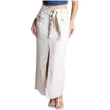 Imagem de Saia Midi Feminina Sawary Linho Longa com Fenda 275191 Areia-Feminino
