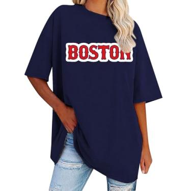 Imagem de Blusa feminina de verão Boston Letter Tops manga curta gola redonda camisetas casuais soltas básicas blusas leves, Azul marino, GG