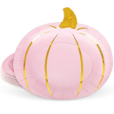 Imagem de Whaline 24 peças de prato de papel abóbora rosa outono folha dourada pratos descartáveis de colheita de ação de graças para eventos de catering de outono, lembrancinhas de festa, utensílios de mesa,