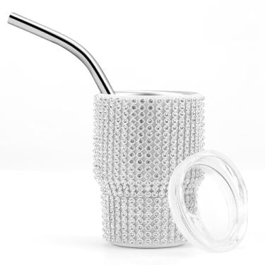 Imagem de NQEUEPN Copo de shot mini copo, 85 g, prata, diamante, copo de aço inoxidável, com canudo e tampa, copo de vidro para coquetéis de champanhe, festas de cerveja e viagens