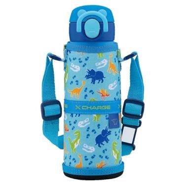 Imagem de Zojirushi Garrafa de água SM-UA48-AJ, caneca infantil com cordão, para crianças, para viagens escolares ou escolares, caneca de aço inoxidável, arruela sem costura, 480 ml, azul dinossauro, tampa e