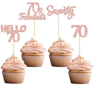 Imagem de Gyufise 24 peças de enfeites de cupcake de aniversário de 70 anos com glitter ouro rosa Hello 70 Seventy Cake Toppers 70 & fabulosas palhetas de cupcake para decoração de bolo de 70 anos