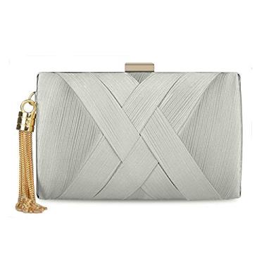 Imagem de KISSCHIC Bolsa feminina elegante com borla, bolsa clutch para noiva, casamento, formatura, noite, festa, Prata, Large