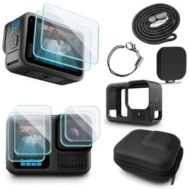 Imagem de Protetor de tela compatível com GoPro Hero 13 preto, filme de vidro temperado, cobertura total com capa de silicone e estojo rígido para armazenamento de viagem