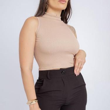Imagem de Cropped Top Feminino Casual Gola Alta Canelado Verão Premium - Swiss B