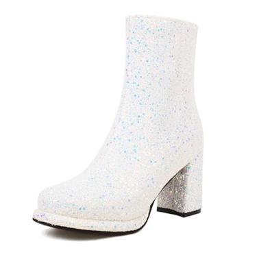 Imagem de Rock88 Botas femininas com glitter, salto alto grosso com zíper lateral, botas curtas para festa à noite e clube, branca, 45