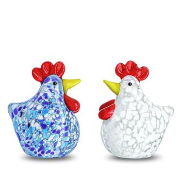 Imagem de H&D HYALINE & DORA Conjunto De 2 Figuras De Galinha De Vidro Soprado, Estatueta De Galo De Vidro Artesanal, Estatueta De Animal De Cristal Colecionável Para Decoração De Casa, Ornamento