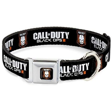 Imagem de Buckle-Down Coleira para cães com fivela de cinto de segurança - Call of Dut-Black OPS III/Ícone de caveira preto/branco/laranja - 2,54 cm de largura - Serve para pescoço de 28 a 43 cm - Médio