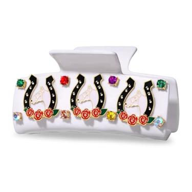 Imagem de PHALIN Grampos de cabelo Kentucky Derby para mulheres, ferradura de cavalo, rosa, presilhas de cabelo grandes quadradas brancas de cristal acrílico clipes de cabelo Kentucky Derby acessórios presentes